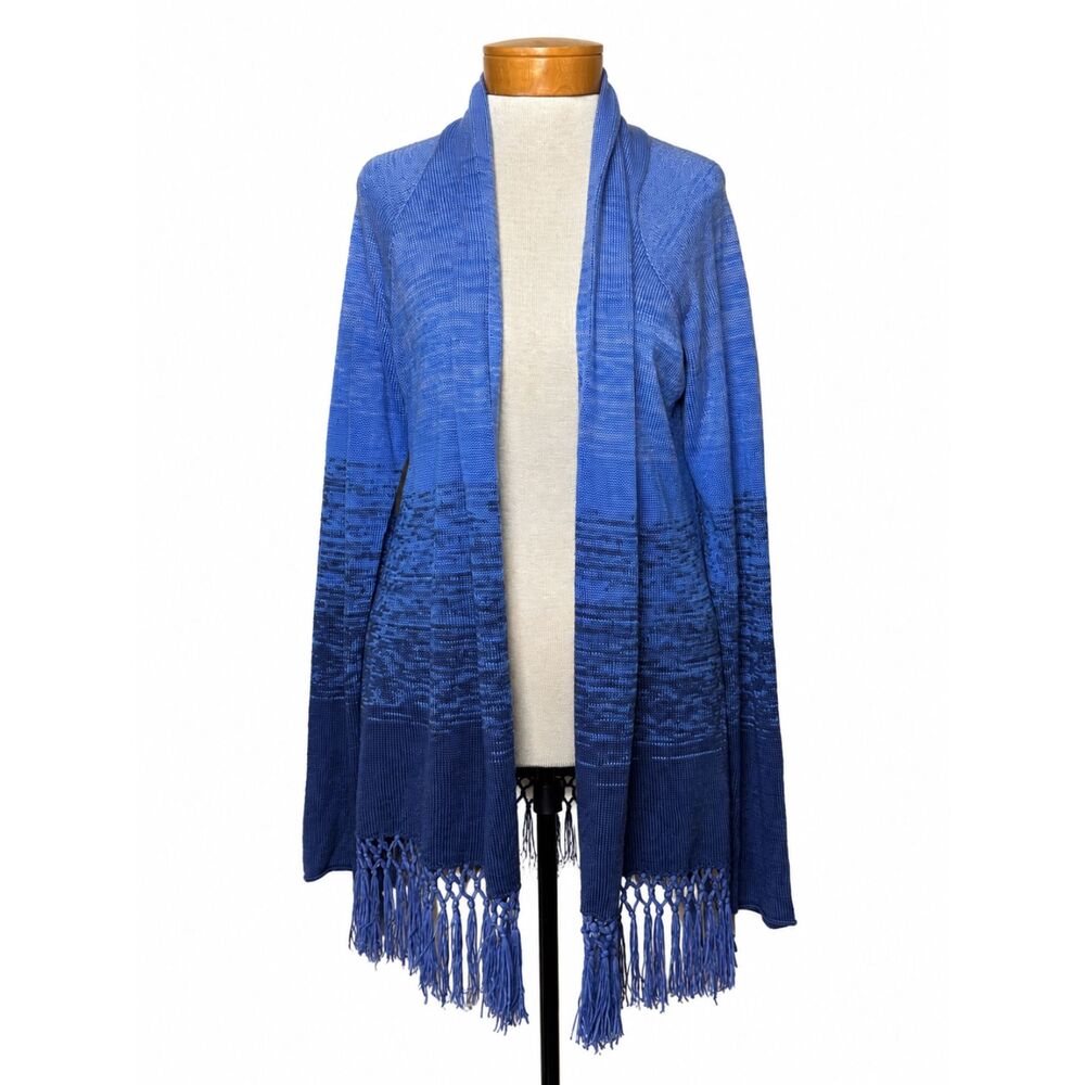 Lilly Pulitzer Tatum Blue Thistle Marled Ombre Fringe Cardigan Sweater L EUC